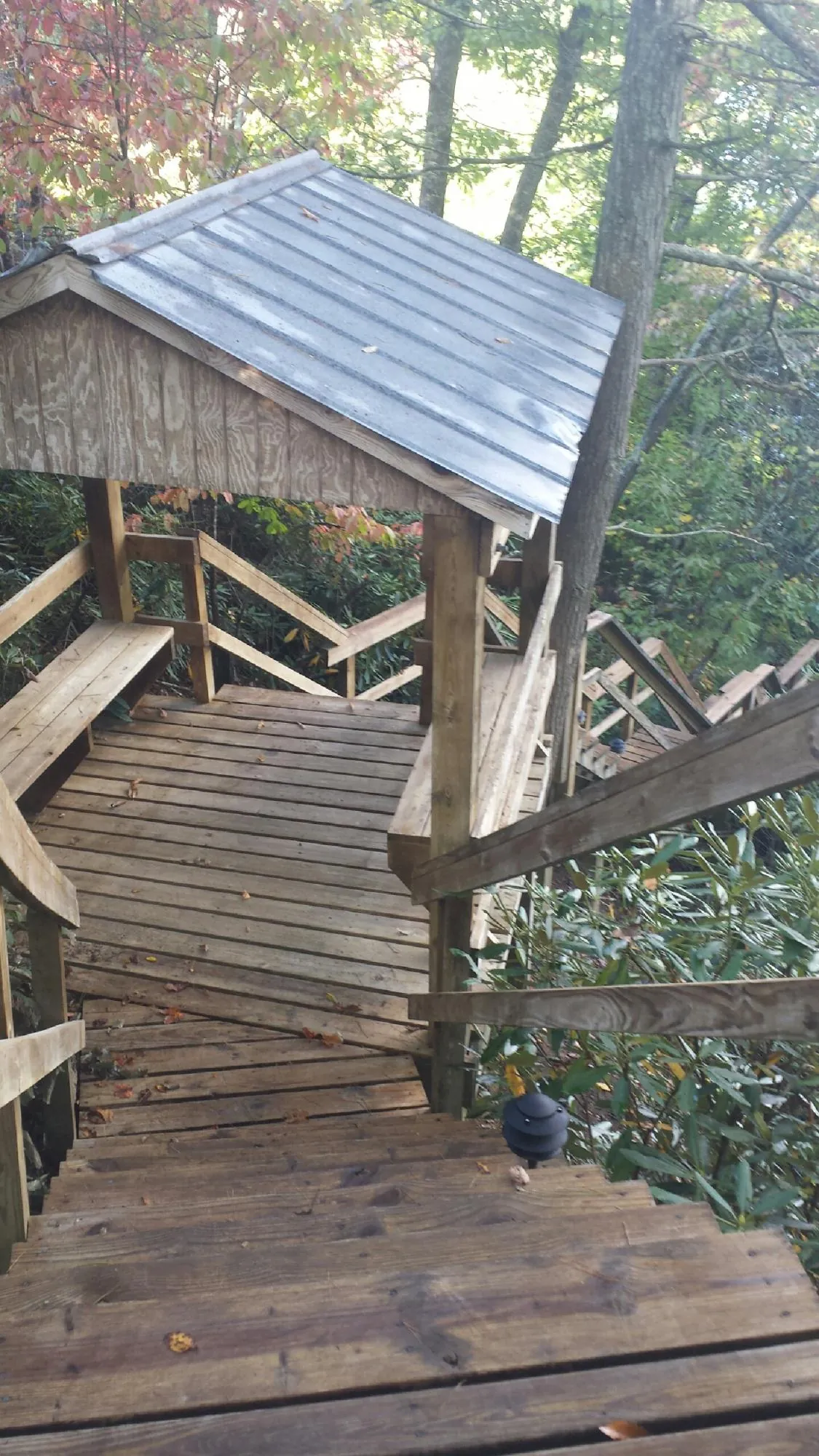 Metal roofed shelter over wooden steps on a wooded walkway — Skylight Repair & Installation work by our crew in Eagan